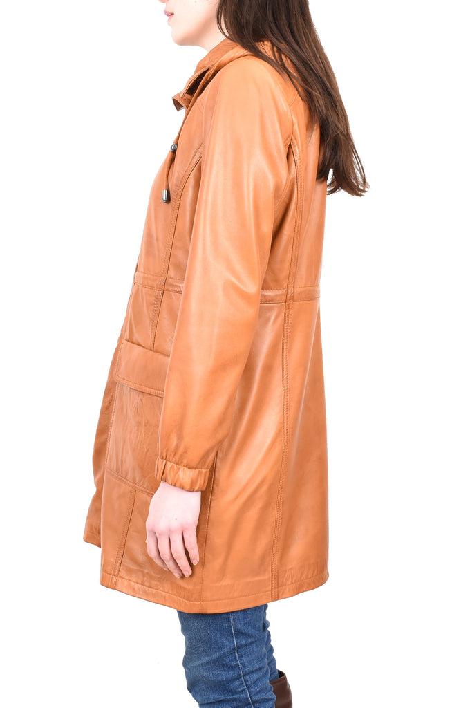 DR218 Women's Smart Long Leather Coat Hood Tan 3