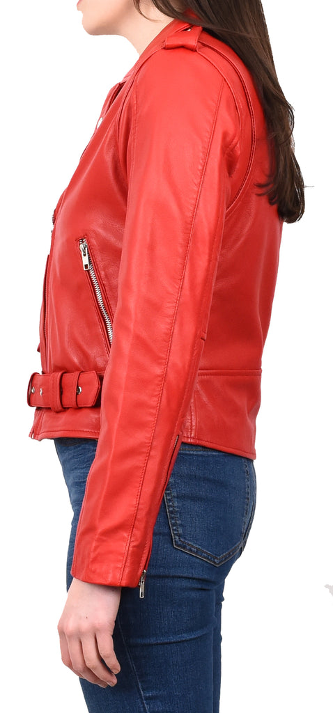 DR199 Women's Hard Ride Biker Style Leather Jacket Red 3