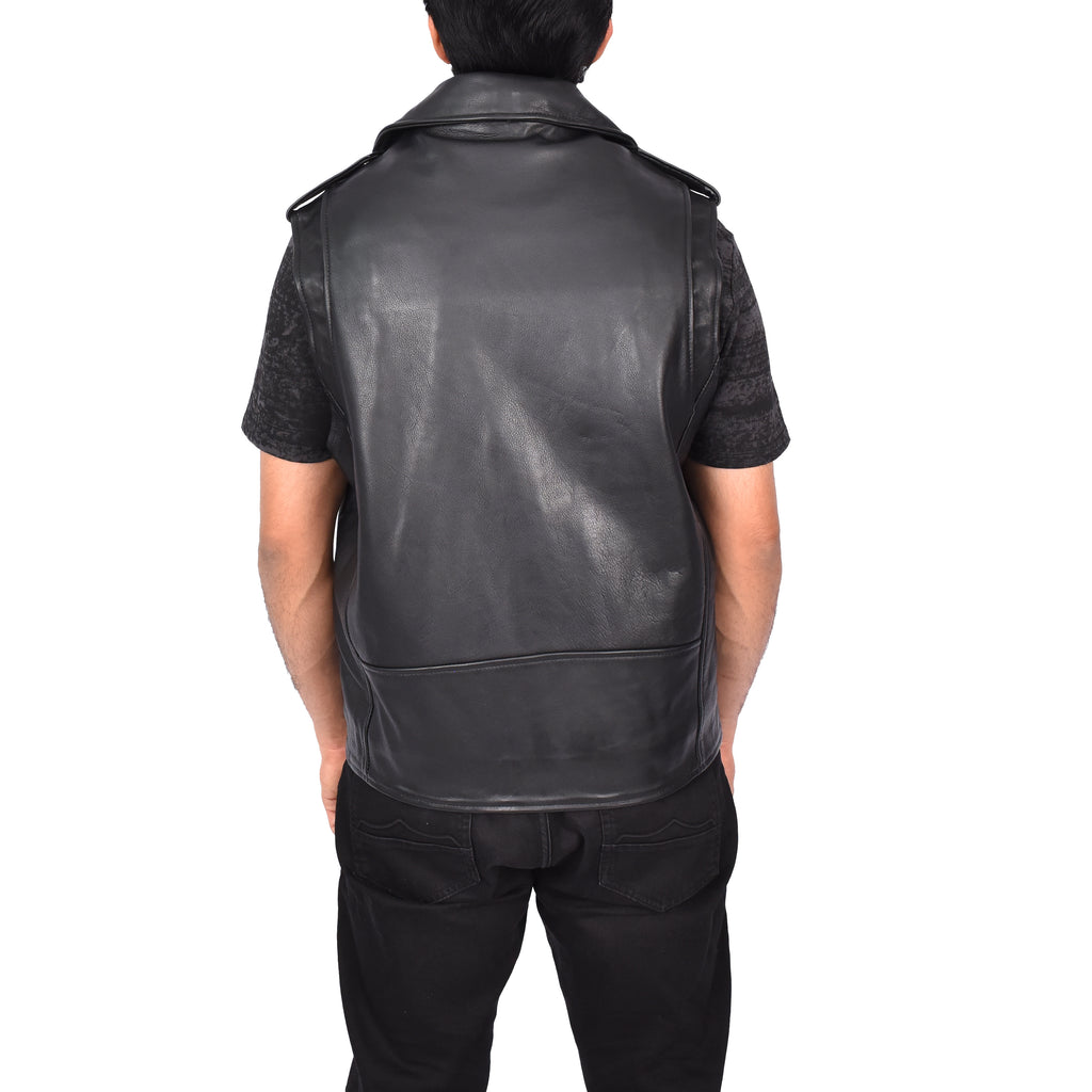 Men's Biker Style Real Leather Waistcoat Black Arkin-3