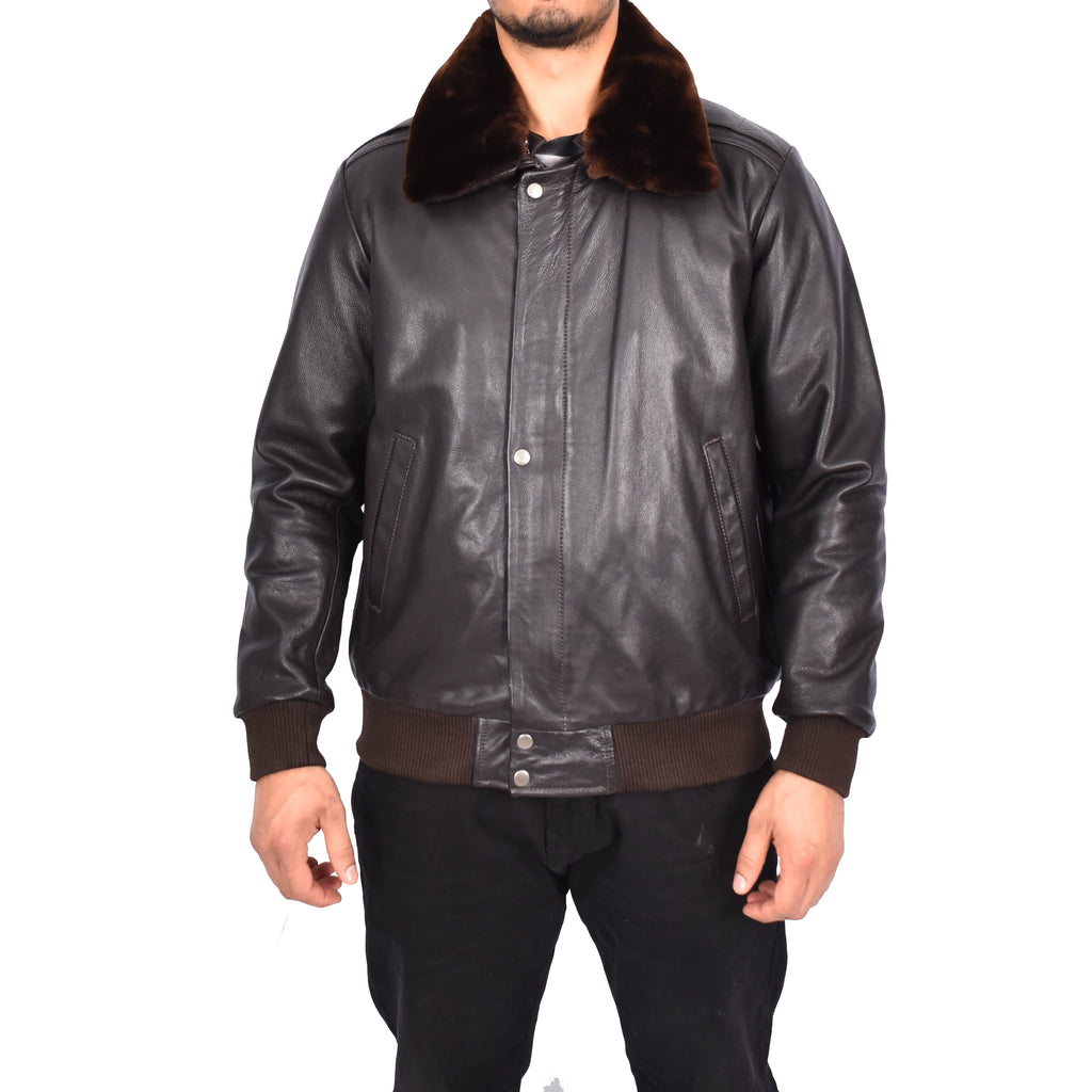 Men's Real Leather Bomber Pilot Jacket Removable Collar Brown Edzard-3