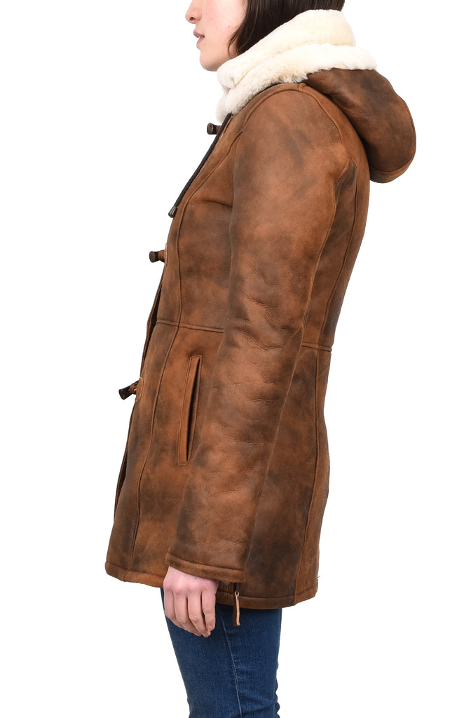 DR229 Women's Sheepskin Duffle Coat Mid Length Tan 3