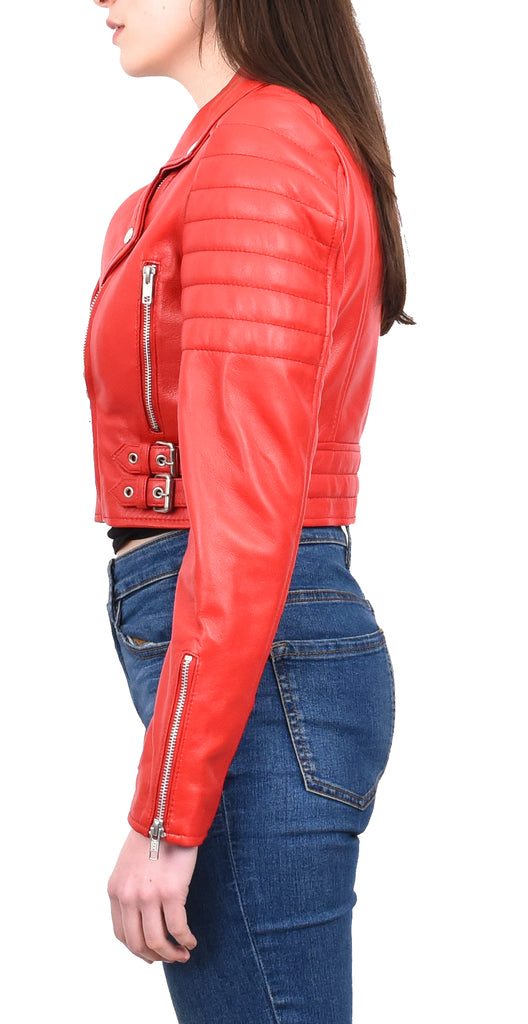 DR197 Women's Short Leather Stylish Biker Jacket Red 3