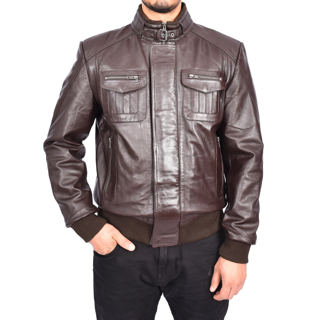 Men's Bomber Style Real Leather Jacket Brown Boden-3