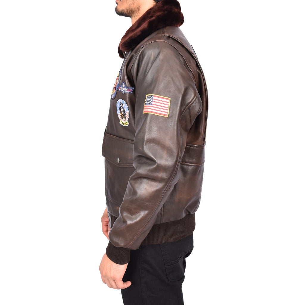 Men's Classic Top Gun Aviator Leather Jacket Brown Valter-3