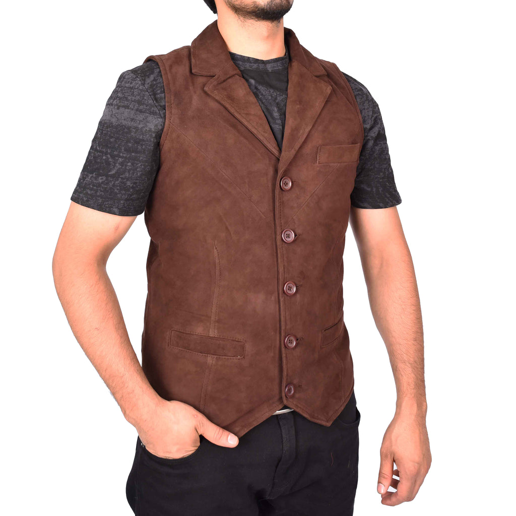 Men's Blazer Style Suede Leather Waistcoat Gents Vests Brown Howie-3