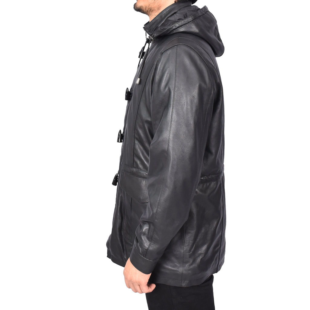 Men's Real Leather Detachable Hood Parka Coat Gents Jacket Black Borge-3