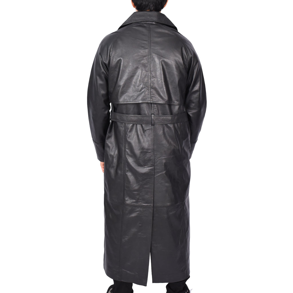 Men's Trench Double Breasted Full Length Leather Coat Black Oskar-3