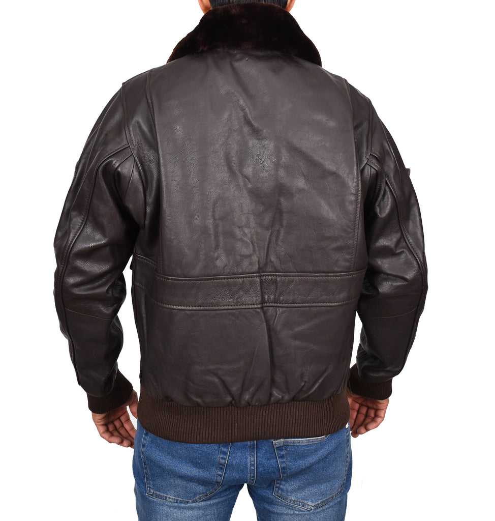 DR184 Men's Leather Bomber Jacket with Detachable Collar Brown 3