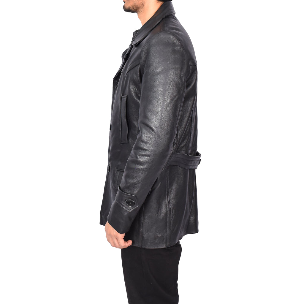 Men’s Trench Pure Leather Fitted Reefer Military Overcoat Black Denbey-3