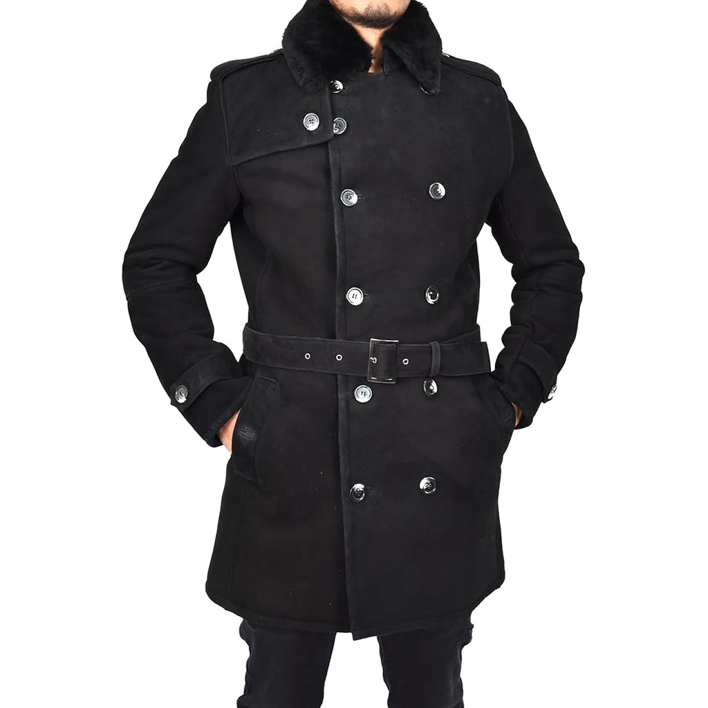 Mens Genuine Shearling Sheepskin Suede Pea Coat Classy ¾ Long Phillip-3