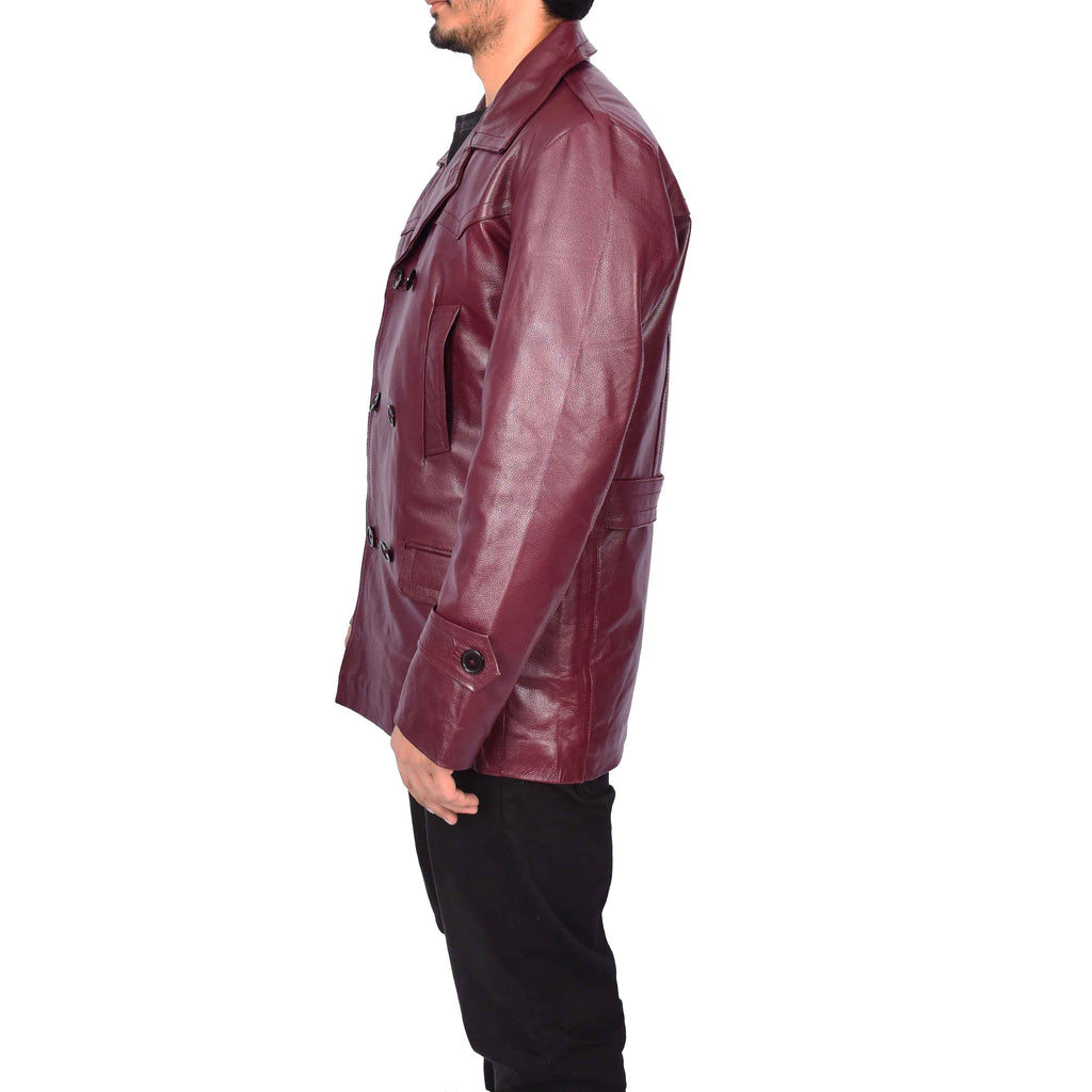 Men’s Trench Pure Leather Fitted Reefer Military Overcoat Burgundy Denbey-3