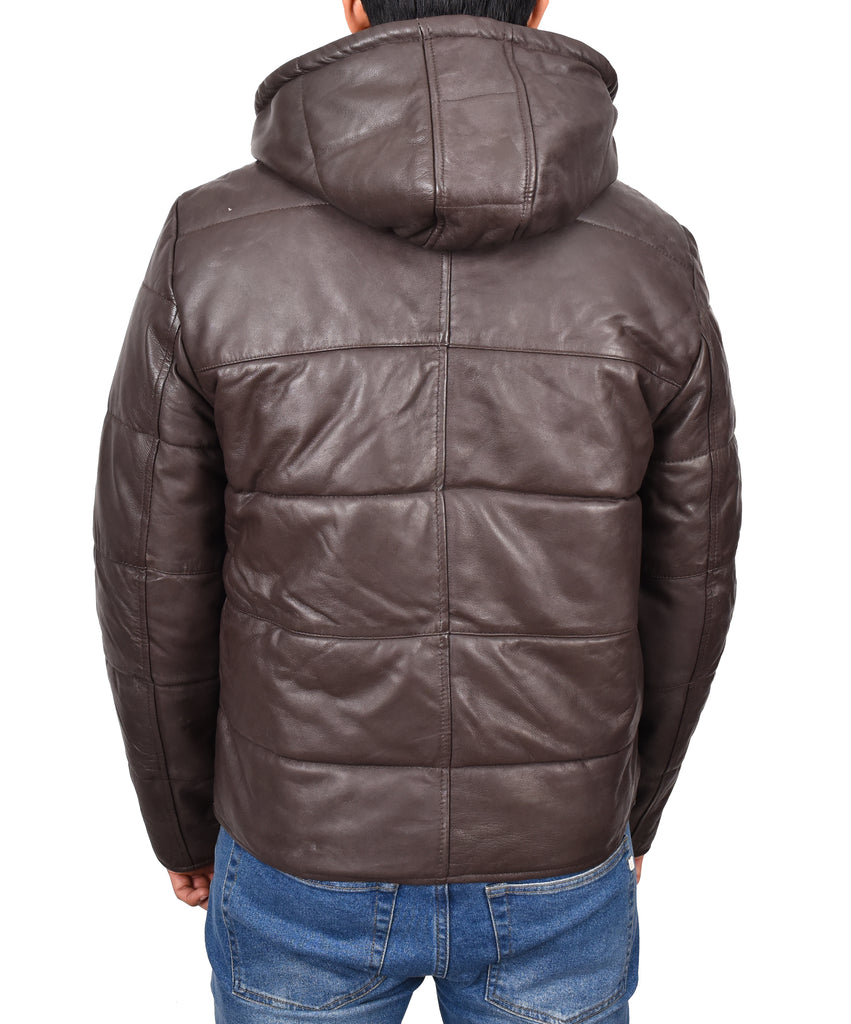 DR188 Men's Leather Hooded Puffer Jacket Brown 3