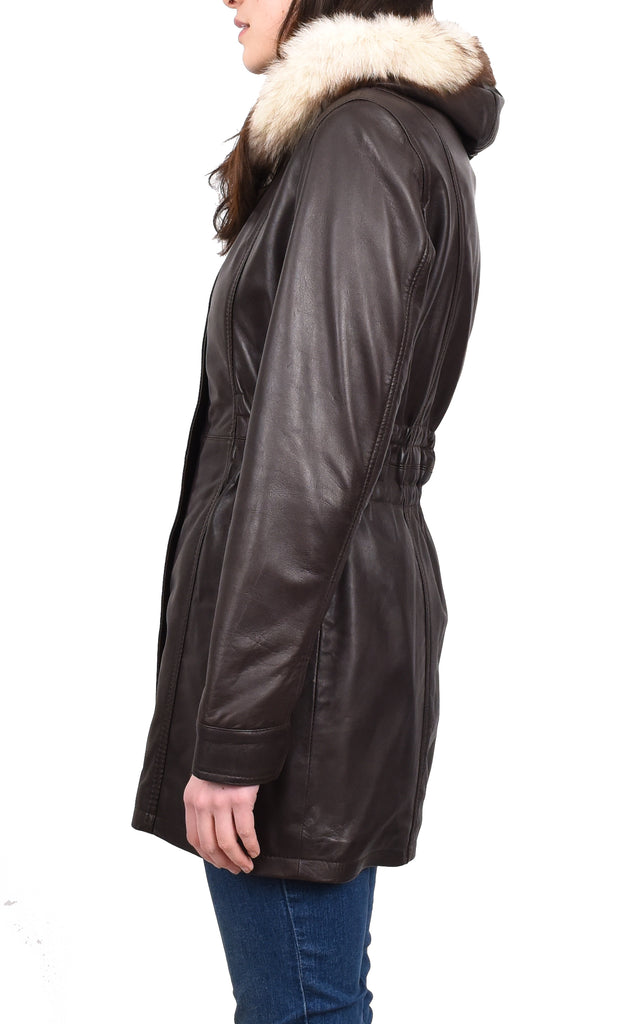 DR204 Women's Smart Long Leather Coat Hood with Fur Brown 3