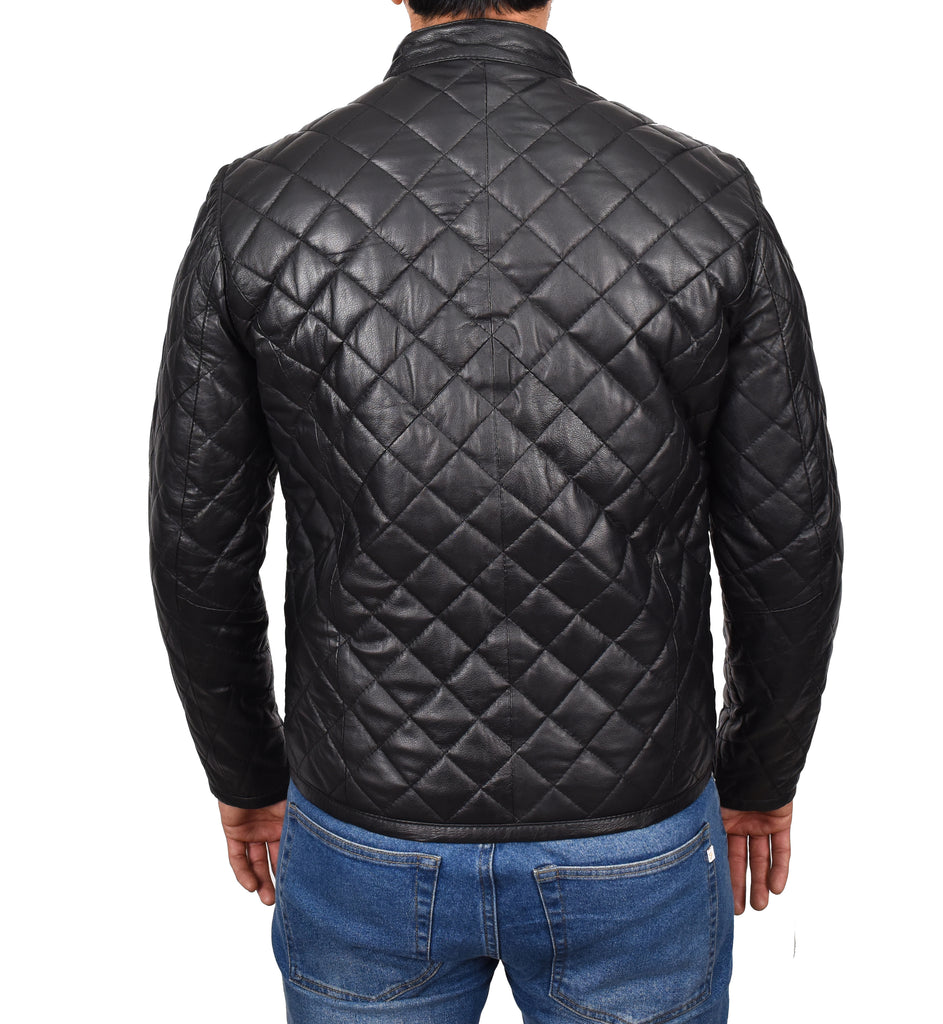 DR179 Men's Leather Puffer Jacket Padded Stand-Up Band Collar Black 3