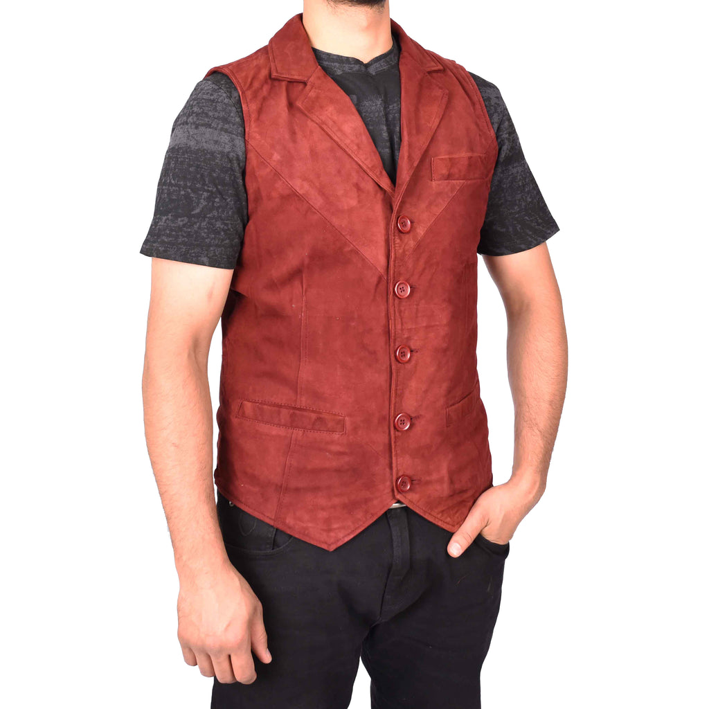 Men's Blazer Style Suede Leather Waistcoat Gents Vests Burgundy Howie-3