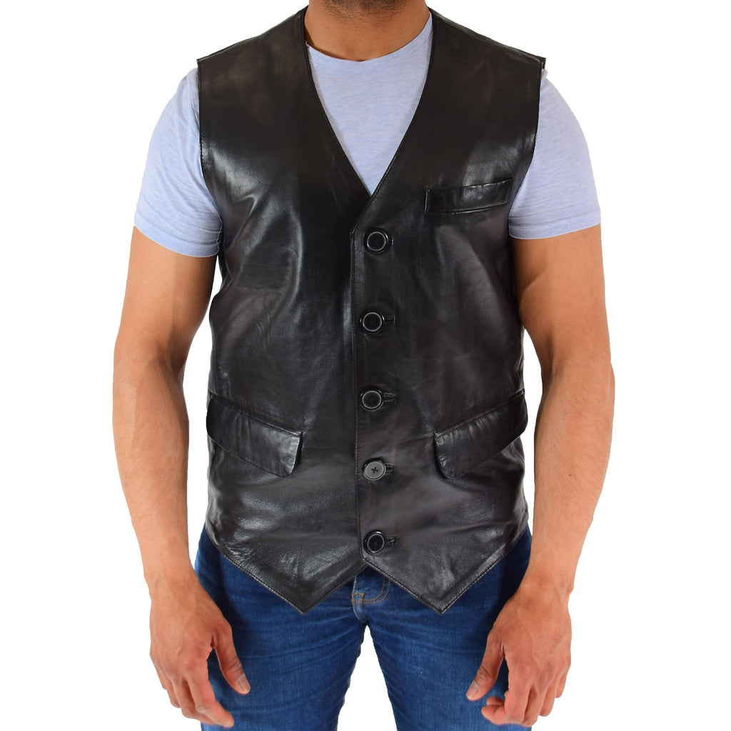 DR554 Men's Genuine Leather Gilet Vest Waistcoat Black 1