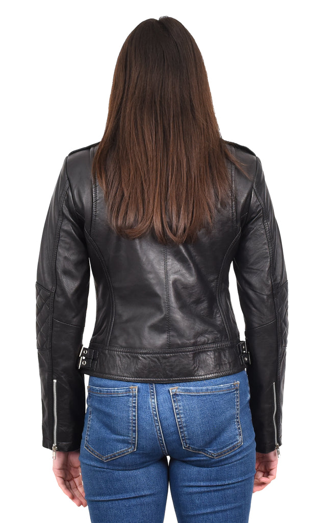 DR207 Women's Real Leather Biker Cross Zip Jacket Black 4