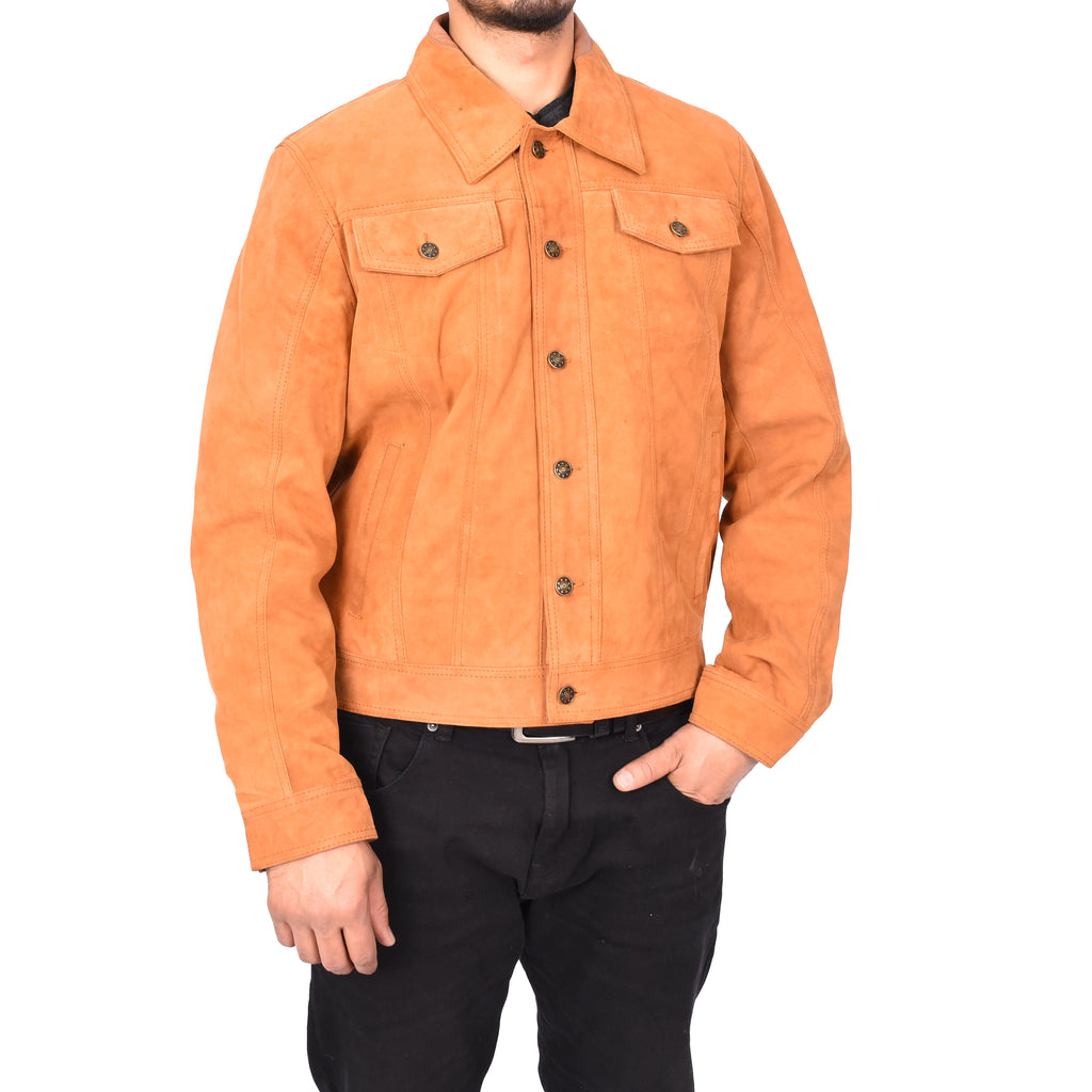 Men's Genuine Suede Buttoned Leather Jacket Trucker Style Tan Rorik-4