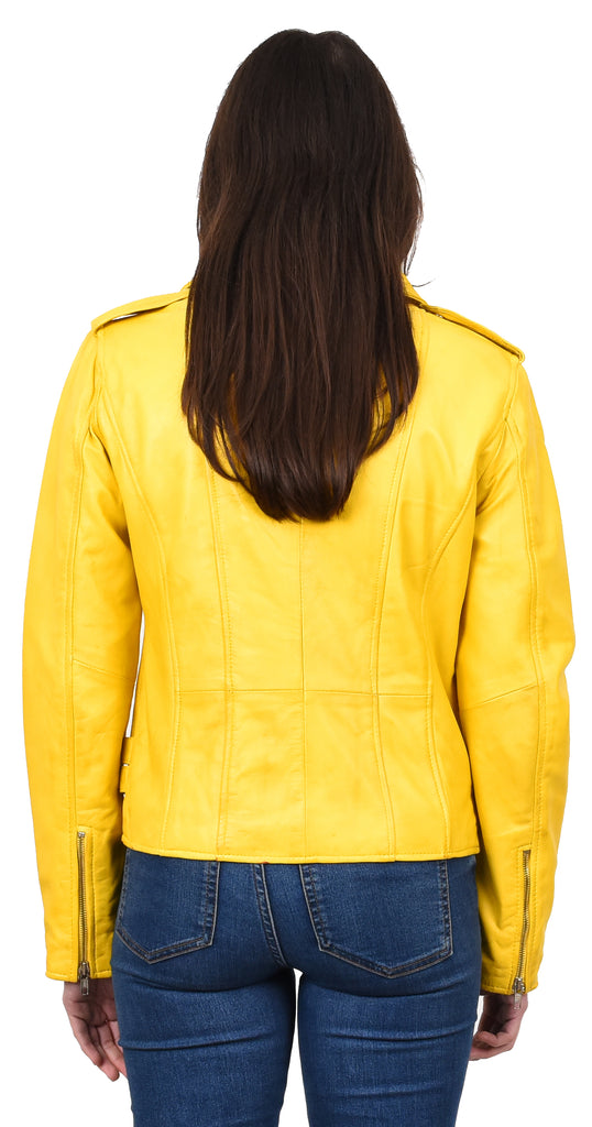 DR195 Women’s Trendy Biker Leather Jacket Yellow Vintage 4