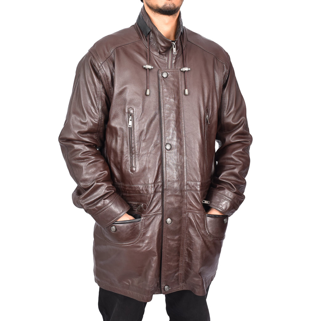 Gent's Classic Real Leather Coat Mens Parka Style Jacket Brown Carlsen-4