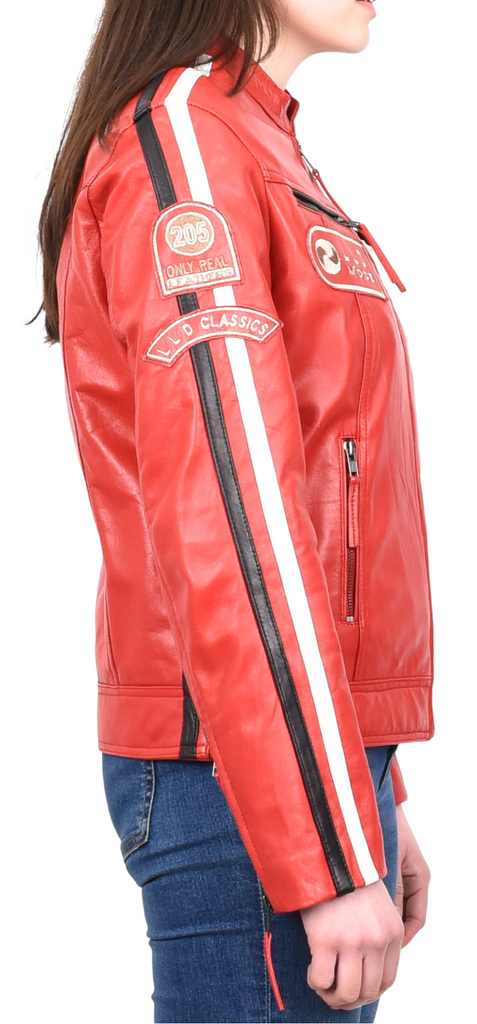 DR674 Women's Soft Real Leather Racing Biker Jacket Red 4