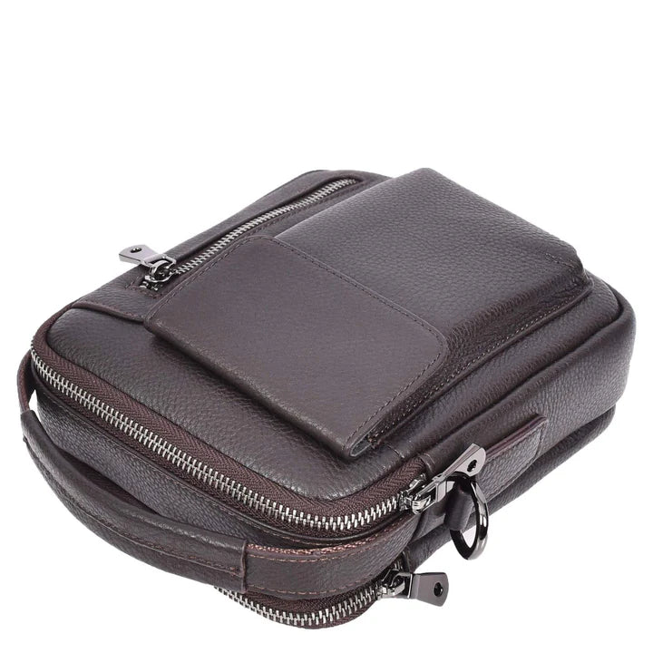 Crosso Men's Leather Cross-Body Organiser Flight Bag Brown-4