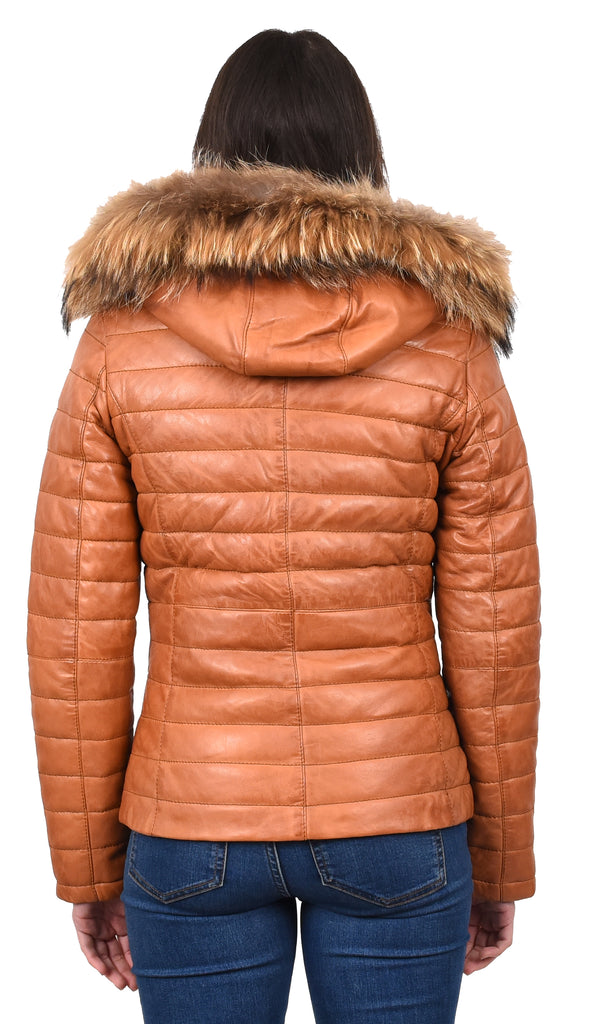 DR262 Women’s Real Leather Puffer Jacket Removable Hood Tan 4