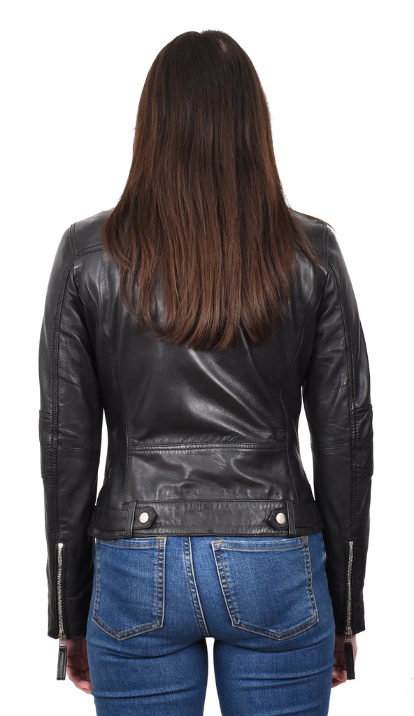 DR245 Women's Real Leather Biker Jacket Black 4