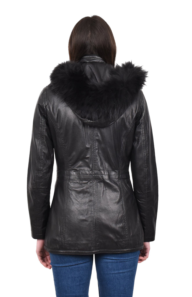 DR260 Women’s Black Leather Duffle Parka Jacket with Removable Hood 4