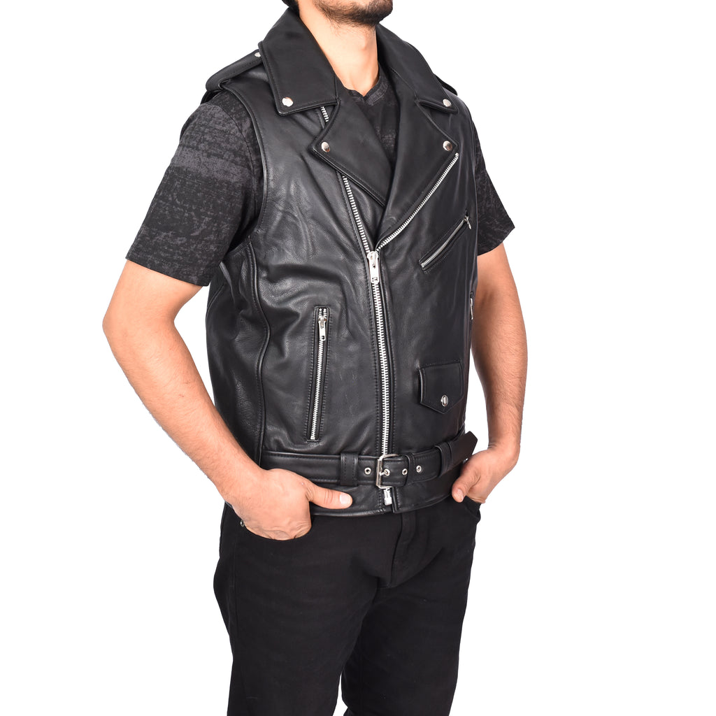 Men's Biker Style Real Leather Waistcoat Black Arkin-4