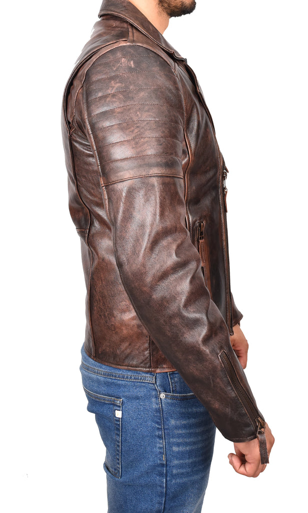 DR145 Men's Quilted Biker Leather Jacket Rust 4