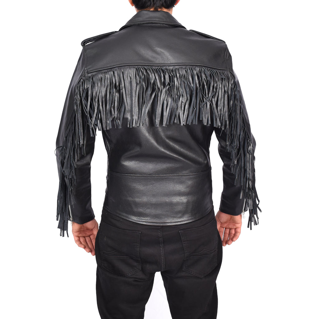 Men’s Biker Leather Jacket With Fringes Tassels Style Black Jarrel-4