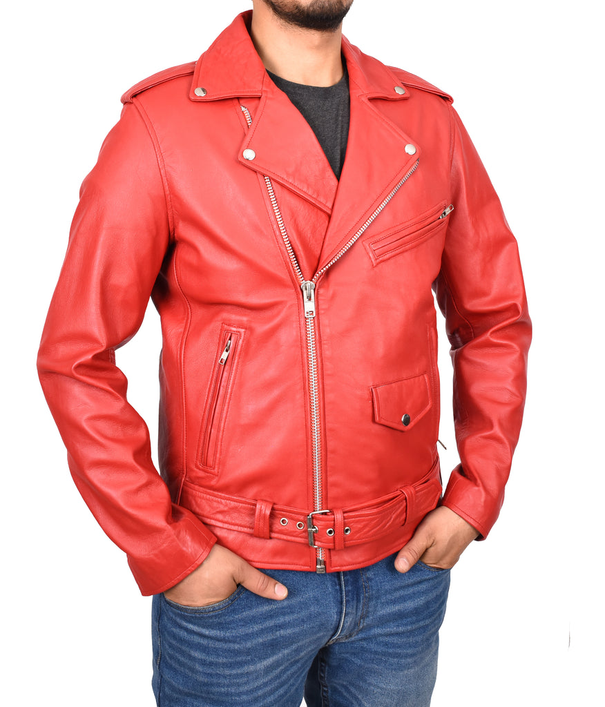 DR100 Men's Biker Real Leather Jacket Red 4