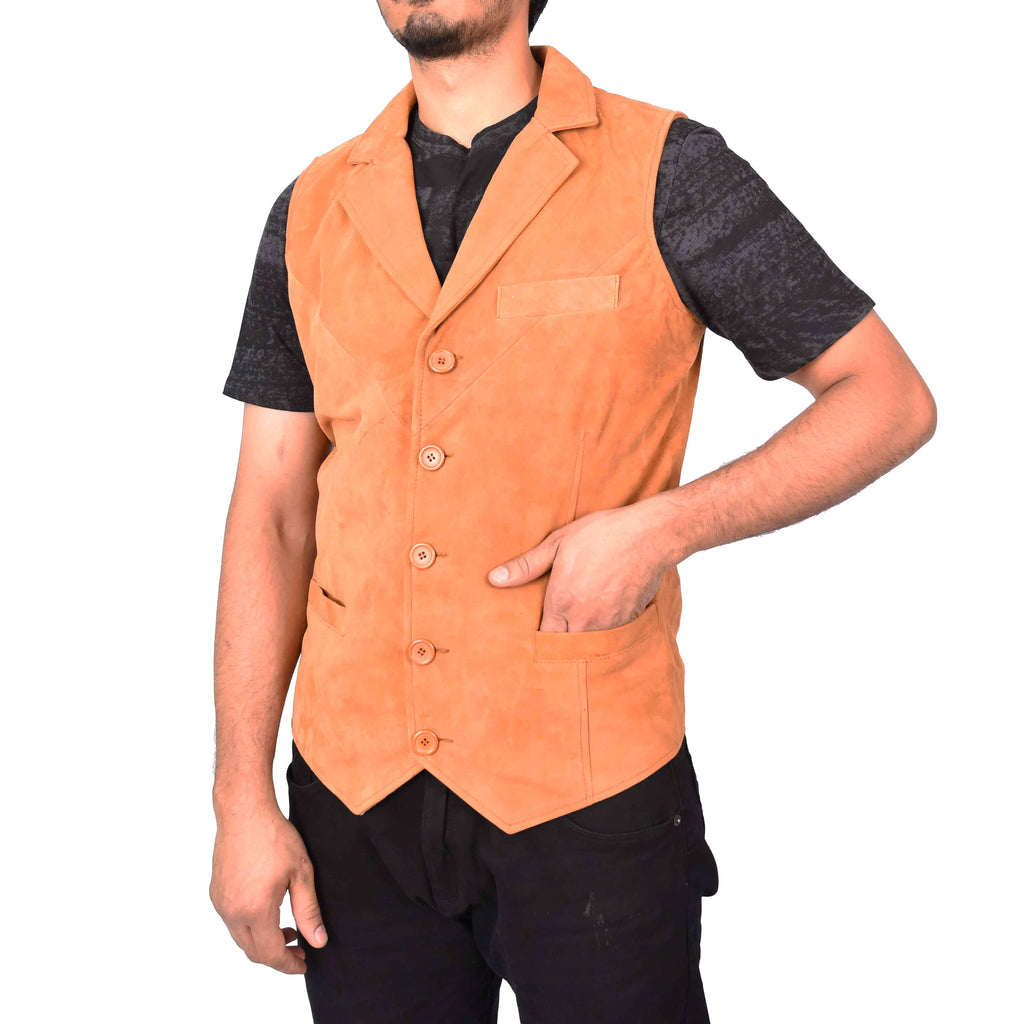 Men's Blazer Style Suede Leather Waistcoat Gents Vests Tan Howie-4