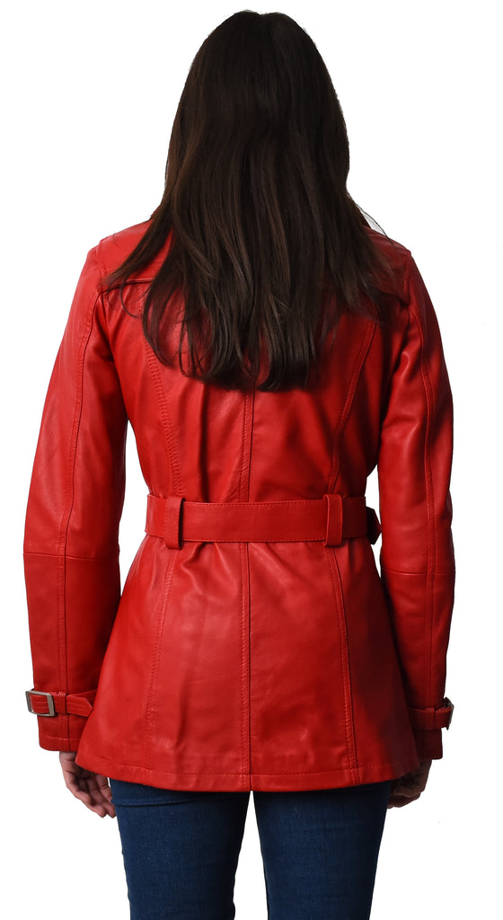 DR201 Women's Leather Buttoned Coat With Belt Smart Style Red 4