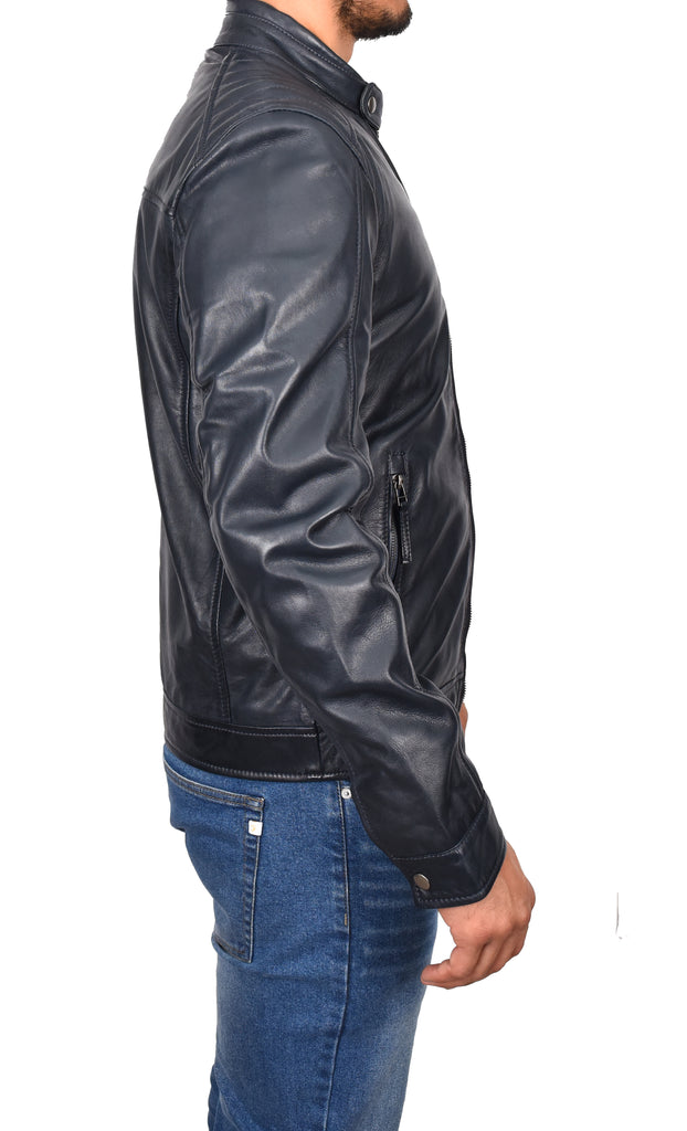 DR185 Men's Real Leather Biker Jacket Navy 4