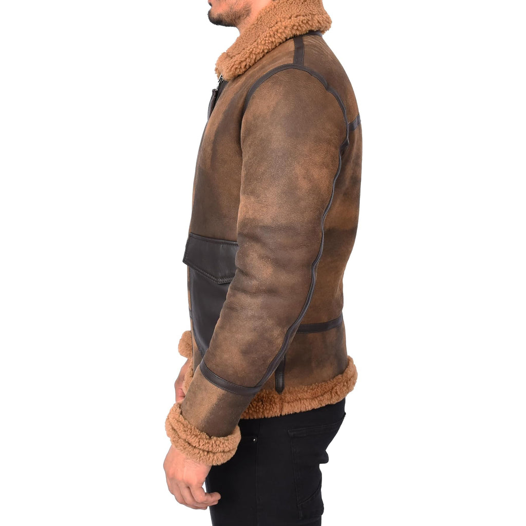 Mens Antique B3 Sheepskin Jacket Flying Aviator Leather Pockets Jeppe Brown-4