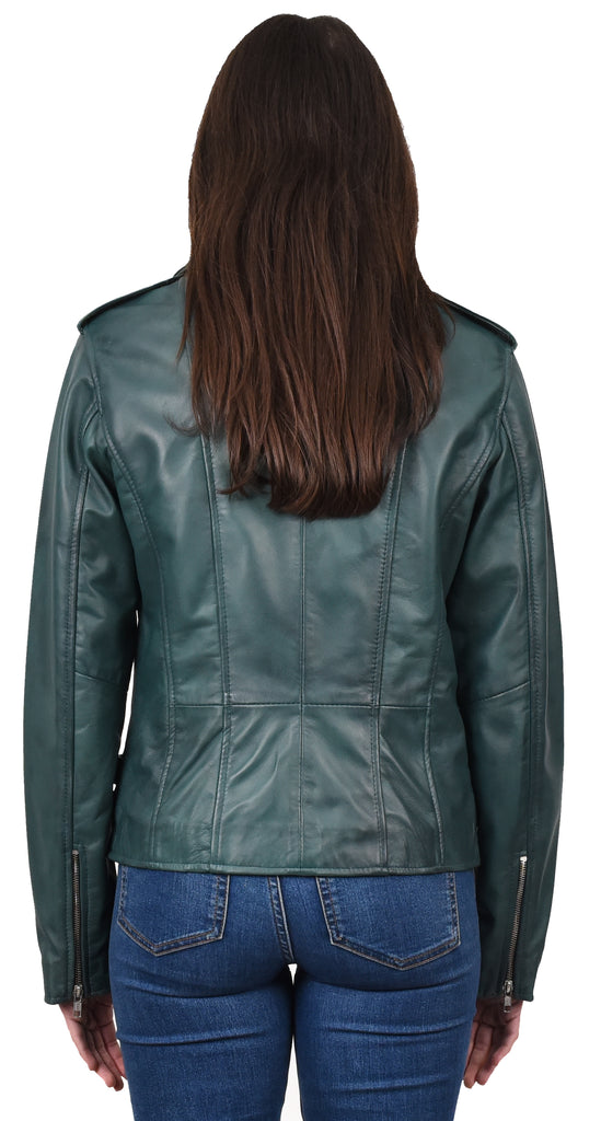 DR195 Women’s Trendy Biker Leather Jacket Teal 4