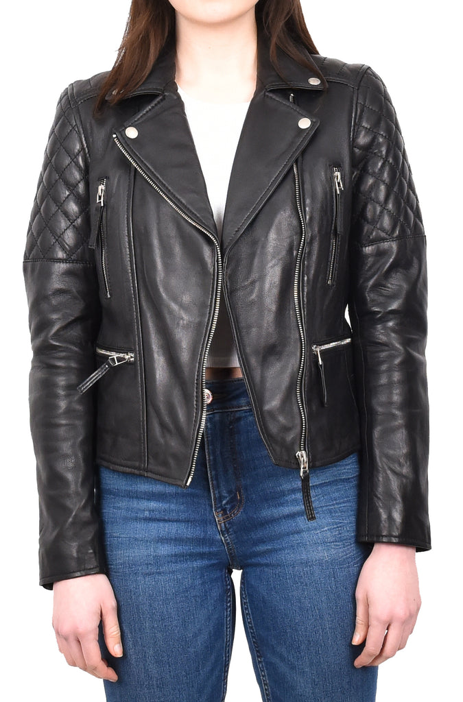 DR246 Women's Real Leather X-Zip Biker Style Jacket Black 4