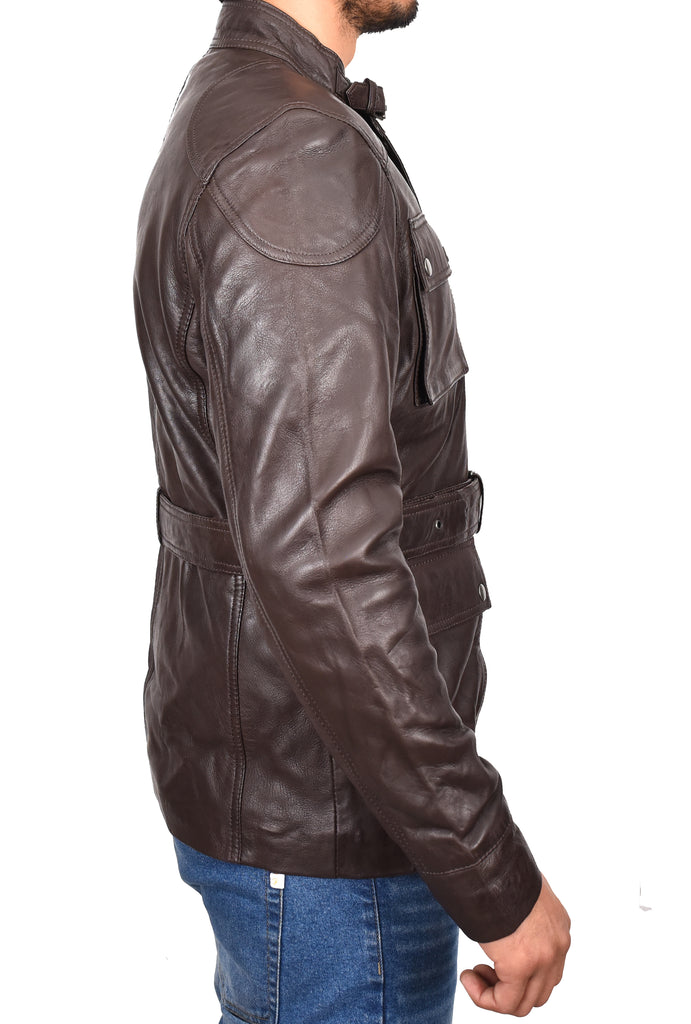 DR190 Men’s Leather Trendy Safari Jacket With Waist Belt Brown 4