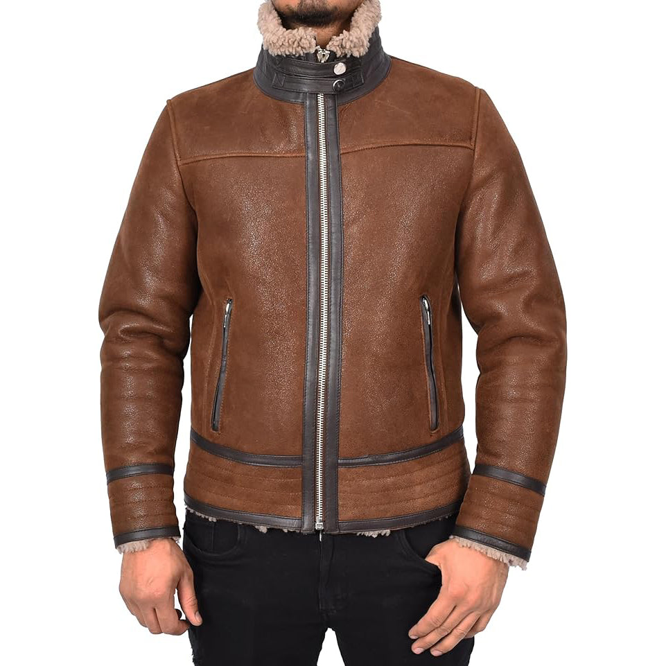 Men’s Retro Pilot Sheepskin Leather Biker Jacket  Flying Aviator Style Casper Brown-4