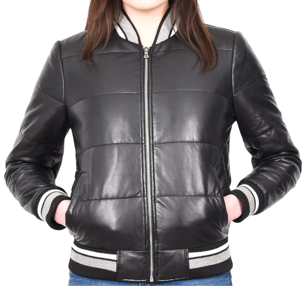 DR675 Ladies Genuine Leather Puffer Jacket Black 4