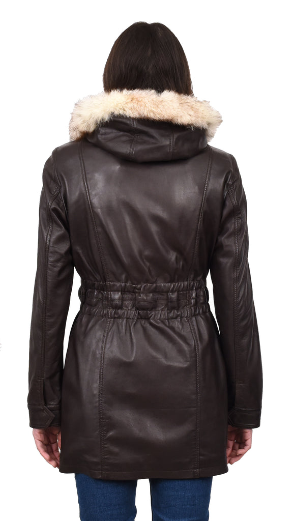 DR204 Women's Smart Long Leather Coat Hood with Fur Brown 4