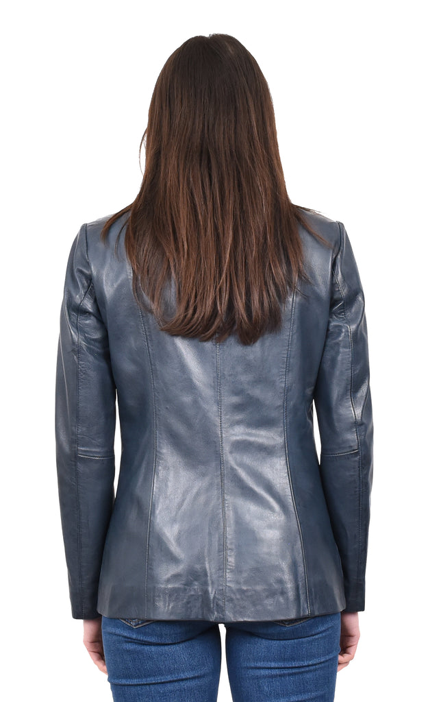 DR202 Women's Casual Semi Fitted Leather Jacket Blue 4