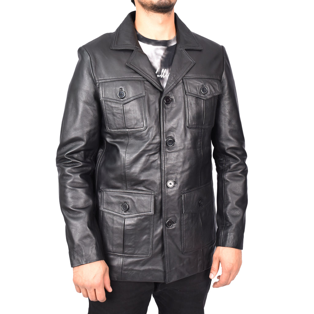 Men's Classic Safari Genuine Leather Jacket Black Kaspar-4