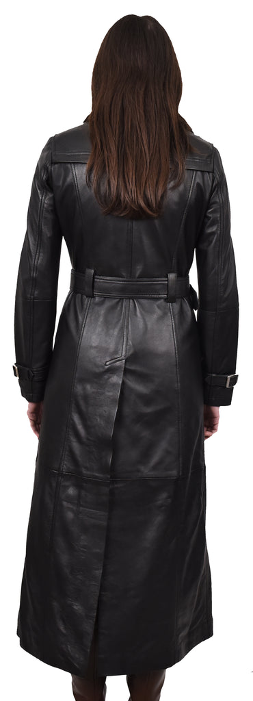 DR242 Women's Leather Full Length Trench Coat Black 4