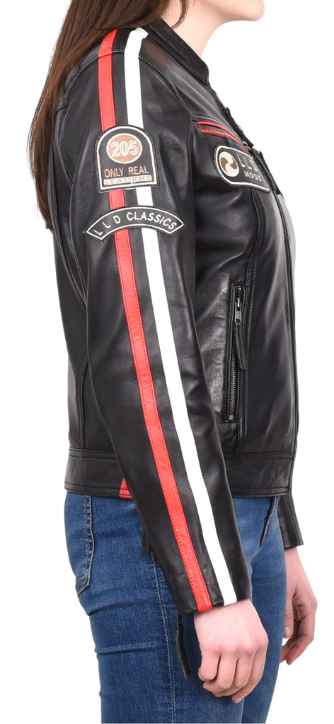 DR674 Women's Soft Real Leather Racing Biker Jacket Black 4