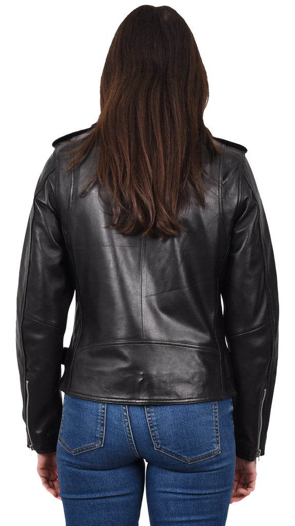 DR221 Women's Chic Biker Fitted Leather Jacket Black 4