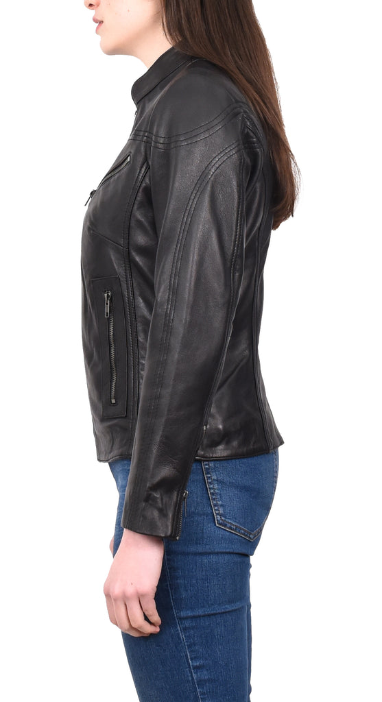 DR200 Ladies Classic Casual Biker Leather Jacket Black 4