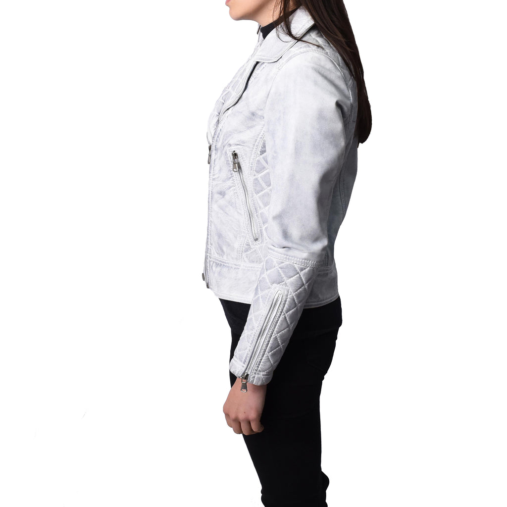 Women's Real Leather Biker Jacket with Quilt Detail White Motoquilt 4